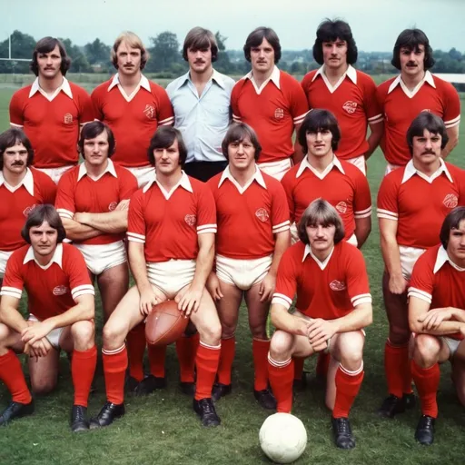 Prompt: A football team photo from the 1970's, the team are wearing red shirts.