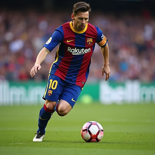 Prompt: A player who is dribbling a football with Messi picture on it