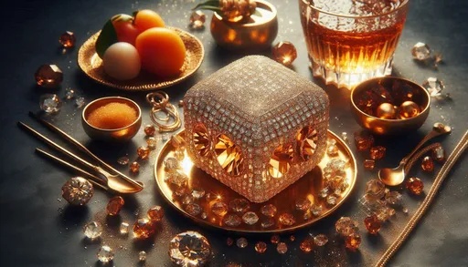 Prompt:  still life, gem, crystal, shiny, sparkle, food focus, sushi made of golden jewelry.jewelry rings swarowski