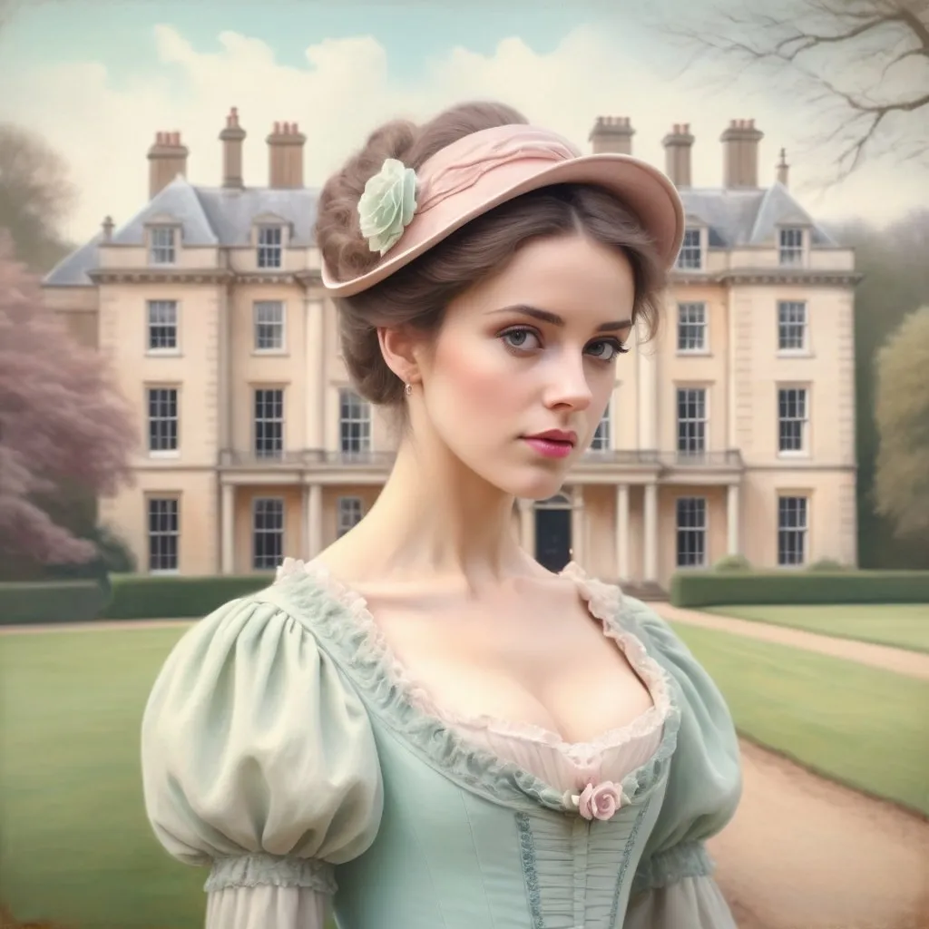 Prompt: Soft pastel picture of beautiful woman dressed in Regency style with English mansion in the background 