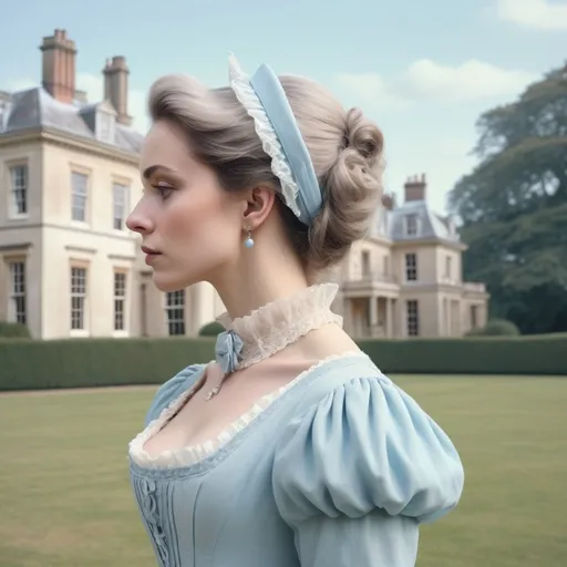 Prompt: Soft pastel side view of beautiful woman dressed in pale blue Regency style with English mansion in the background 