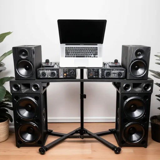 Prompt: A Dj stand with just 2 speakers and laptop