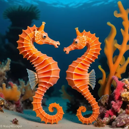 Prompt: “Two Hippocampus reidi seahorses performing their courtship ritual in a calm, shallow reef near Brazil. One seahorse is bright orange, while the other is golden. They entwine their tails gently as they move in a synchronized dance. The background is filled with vibrant coral and swaying seaweed, with soft light creating a peaceful underwater ambiance.”