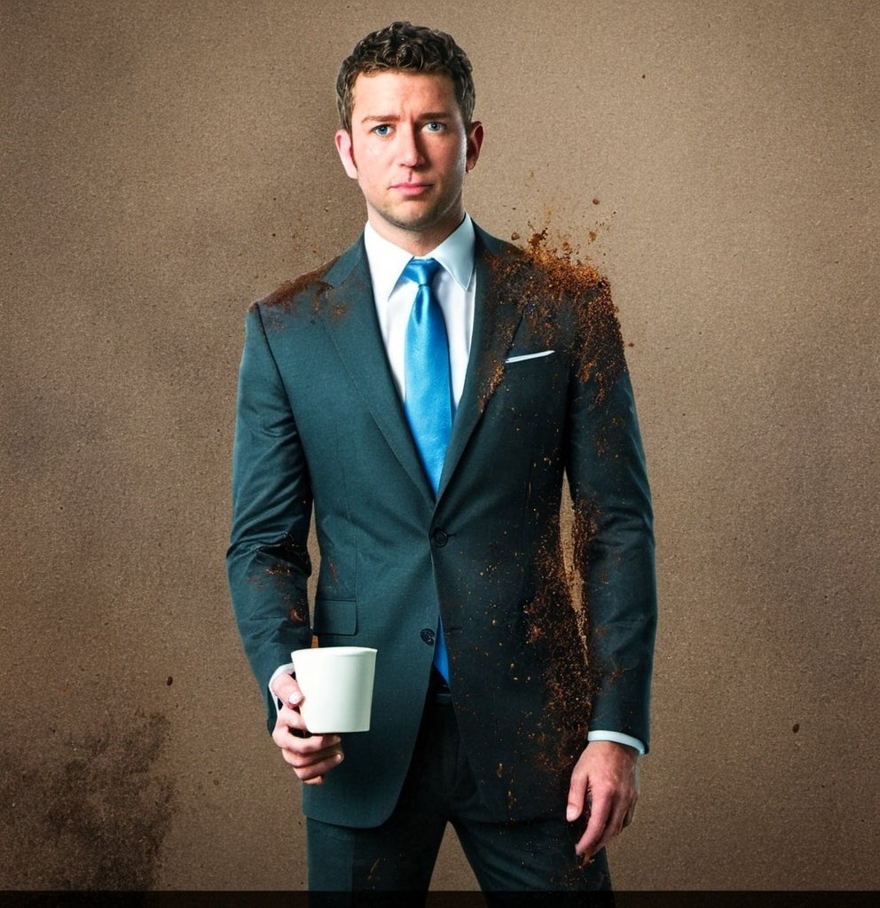 Prompt: Man in suit, action movie poster style, coffee everywhere, intense expression, high quality, action movie poster, tailored suit, coffee stains, dramatic lighting, cinematic style, professional, intense vibe, detailed design, bold colors, dynamic composition, atmospheric lighting