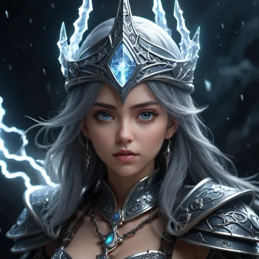 Prompt: A captivating eye level view of a mesmerizing, hyperrealistic anime of an enchanting storm female wizard. She stands tall and majestic, adorned in intricately designed armor and wielding a staff with captivating opal crystal patterns. Her lightning wizard hat exudes a sense of mystique, while dramatic lighting enhances the cinematic atmosphere. The scene is rendered in stunning 8k sharp focus, utilizing advanced ray tracing and ray fx techniques to create an ultra-detailed masterpiece. Reflective surfaces showcase magical ice spell effects, and the small text in the bottom right reads "@digo.a.i". This breathtaking and trending ArtStation piece exemplifies the beauty of dark fantasy art, showcasing a captivating blend of cinematic and dark elements., cinematic, photo, 3d render, dark fantasy, anime