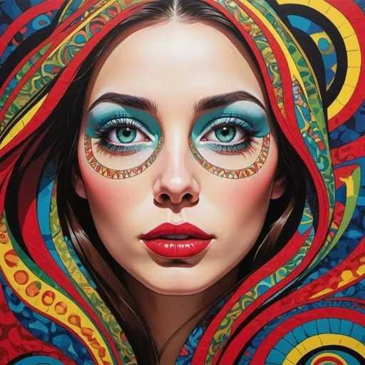 Prompt: image is a vibrant, psychedelic artwork featuring the face of a woman. Her eyes are strikingly green and are highlighted with intricate, colorful patterns that flow around them. The design is heavily stylized with bold, wavy lines and shapes in red, blue, yellow, and black, creating a dynamic, almost hypnotic effect. Her lips are bright red, and her face has detailed shading and textures, giving it a sense of depth. The overall composition combines elements of pop art and surrealism, resulting in a visually arresting piece.