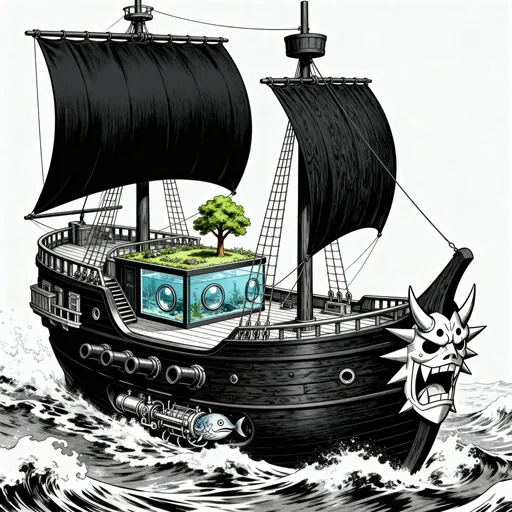 Prompt: A One Piece Eiichiro Oda–style black pirate schooner inspired by the Thousand Sunny. Two tall masts, one giant matte-black main sail, and a medium black rear sail. Large deck garden with one small tree, a compact aquarium room like Sunny’s with round glass windows, sleek aerodynamic dark hull made of Adam Wood, thick manga linework, bold shading. No cannons. A sharp storm-mask figurehead instead of a lion. Dark wood tones, subtle fishman-engine parts under the hull. Energetic Oda-style waves and dynamic composition
