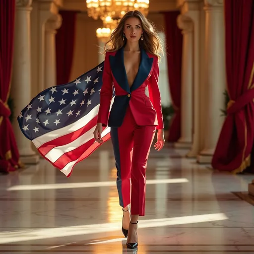 Prompt: A highly detailed, ultra-realistic, 4K photograph of a stunning 20-something American woman walking confidently on a runway like a high-fashion model. She wears a modern and chic suit in bold red, white, and blue tones, symbolizing patriotism and freedom. A flowing scarf with star patterns billows behind her, adding a dramatic flair to her outfit. Her polished high heels gleam as they strike the reflective marble floor with precision. Her hair is styled in loose, effortless waves, exuding a sense of natural beauty and confidence. The grand palace backdrop features majestic columns, luxurious red velvet curtains, and warm golden lighting that encapsulate the spirit of ambition and grandeur. The reflective marble floor enhances the surreal depth of her footsteps, emphasizing her elegance and the dynamic energy of the American essence.
