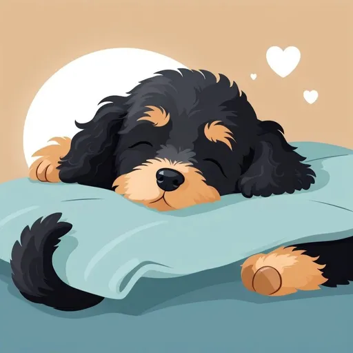 Prompt: illustrations for a book-cover,flat design,simple shapes,vector,colorful,2D,cute cartoon characters, small black Cockapoo mix with tan around nose and paws sleeping