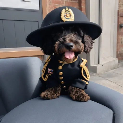 Prompt: Black Cockapoo with tan around nose and paws dressed like a human in an army general uniform 