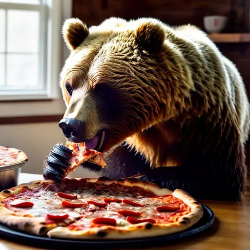 Prompt: grizzly bear eating pizza



