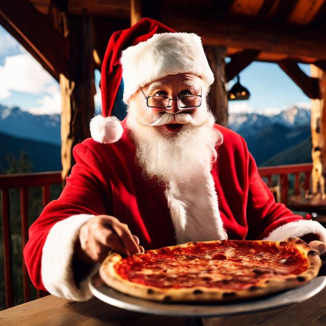 Prompt: santa eating pizza in the mountains 


