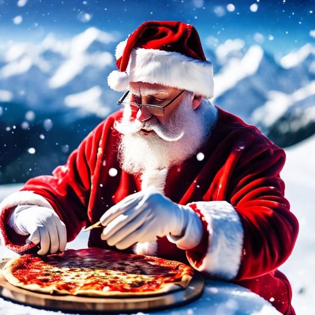 Prompt: Santa eating cheese pizza in the snow mountains


