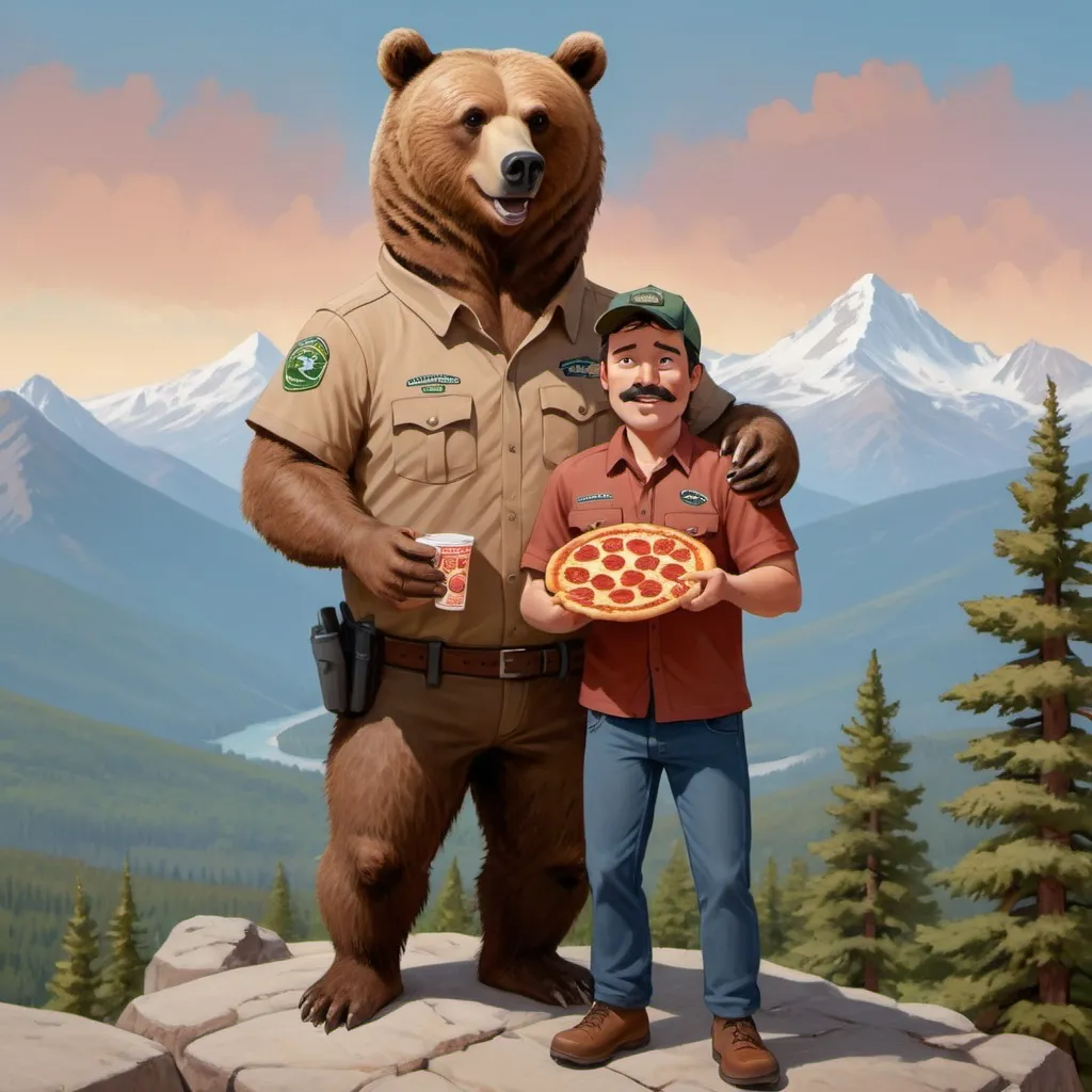 Prompt: Grizzly Bear standing on top of a mountain with his arm around a park, ranger and a tan shirt both holding pepperoni pizza slices and looking like best friends