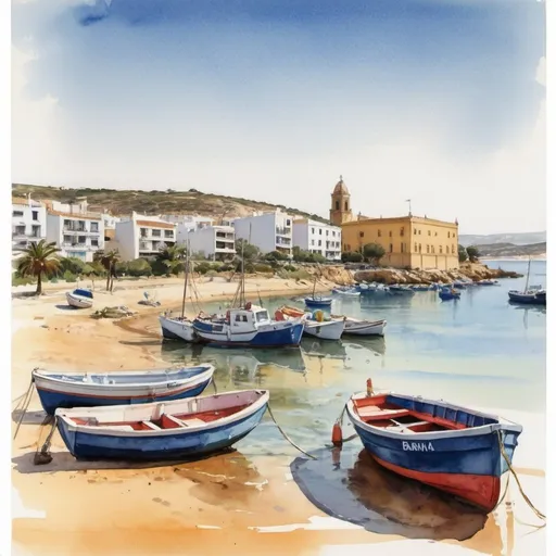 Prompt: ## Postcard Prompt: Barbate Lonja Vieja bay

**Style:** Loose, watercolour

**Subject:** A vibrant postcard showcasing the beauty of Barbate bay. 

**Foreground:**
Oldmfishermen boats

**Background:** 
* The majestic Lonja Vieja building dominates the background, bathed in bright sunlight. 
* Paint in a loose style, with hints of vegetation and palm trees.

**Overall Mood:**

* The postcard should exude a sense of warmth, vibrancy, and the relaxed atmosphere of Barbate.