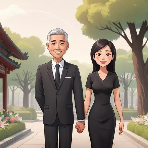 Prompt: pre-funeral planning services with asian man and woman in cartoon animation