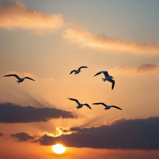 Prompt: Flock off seagull flying in the sunset sky towards the sun