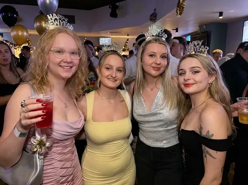 Prompt: A group of women at a new years eve party.   Realistic and detailed clothing.   Realistic lighting like a photo that was taken with a cell phone.   One of the women has the face and hair of the woman in the sample photos.  She's not fat and has red fingernails.