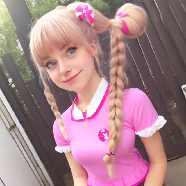 Prompt: Cute teenage  girl with blonde ponytails in a pink sailor uniform 