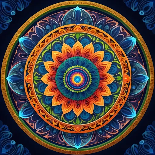 Prompt: Title: Vibrant Mandala Portal

Description:
Create an animated artwork that depicts a mesmerizing portal filled with vibrant colors and intricate patterns resembling a mandala. The motion of the artwork should evoke a sense of continuous flow and symmetry, akin to a spinning mandala.

Key Elements to Include:

Colors: Use a palette of rich, vibrant colors such as deep blues, fiery oranges, and lush greens.
Patterns: Incorporate intricate geometric patterns inspired by traditional mandalas, with layers that unfold and rotate gracefully.
Motion: The artwork should have a gentle, hypnotic motion that gives the impression of the mandala continuously spinning or unfolding within the portal. Depth and Perspective: Create a sense of depth within the portal, with layers of patterns and colors extending into the distance.
Ambiance: Ensure the overall ambiance is serene and meditative, inviting viewers to immerse themselves in the beauty of the animated mandala portal.
Additional Inspiration:
Imagine a cosmic gateway where colors dance and patterns morph in a harmonious dance, creating a visual symphony that captivates and soothes the senses.

Technical Specifications:

Resolution: High-definition suitable for digital display or print.
Format: Animated GIF or MP4, with a looped motion that seamlessly repeats.
Example Keywords: Mandala, portal, vibrant colors, motion, symmetry, serenity.