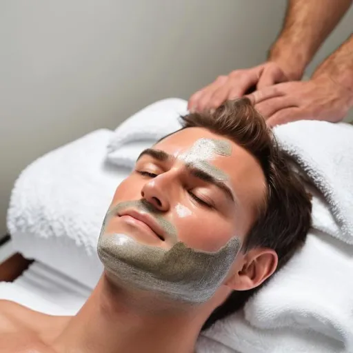 Prompt: A man laying on a facial treatment bed with an arial zoom of the full face showing signs of large pores and sun damage

