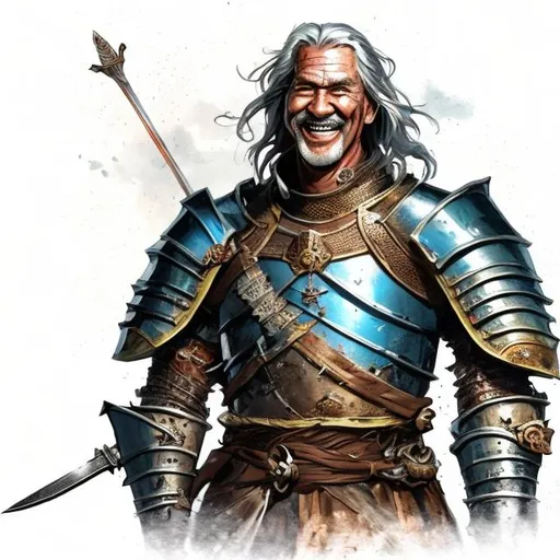 Prompt: an old knight with a long drooping grizzled fu manchu moustache and stubble, smiling wryly, wearing battered armour with traces of rust, leaning casually on his sword. His face is visible and he smiles wryly.  High quality fantasy art, white background