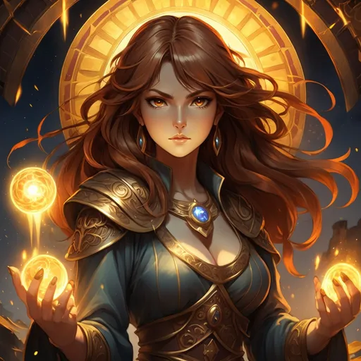 Prompt: tarot Anime illustration, vibrant fantasy, a brown-haired woman, dramatic lighting. Image conveys strength, commands respect. Image is for avatar picture for anime war game