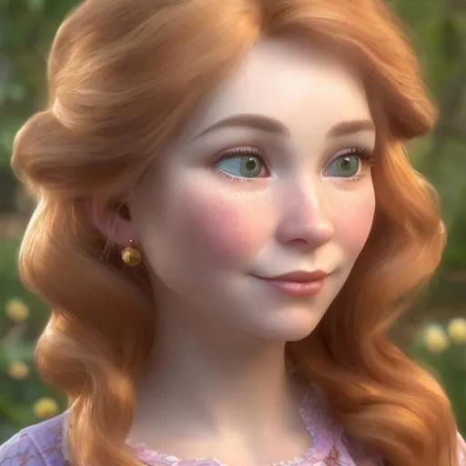 Prompt: Sweet, pretty, and plump 50 year old (though she looks like in her 20s) Aunt Cassandra Honeyfairy with long copper gold hair, cheerful doe eyes (like her granddaughter Bella Honeyfairy but brown instead of blue), pale skin, and a youthful oval face.