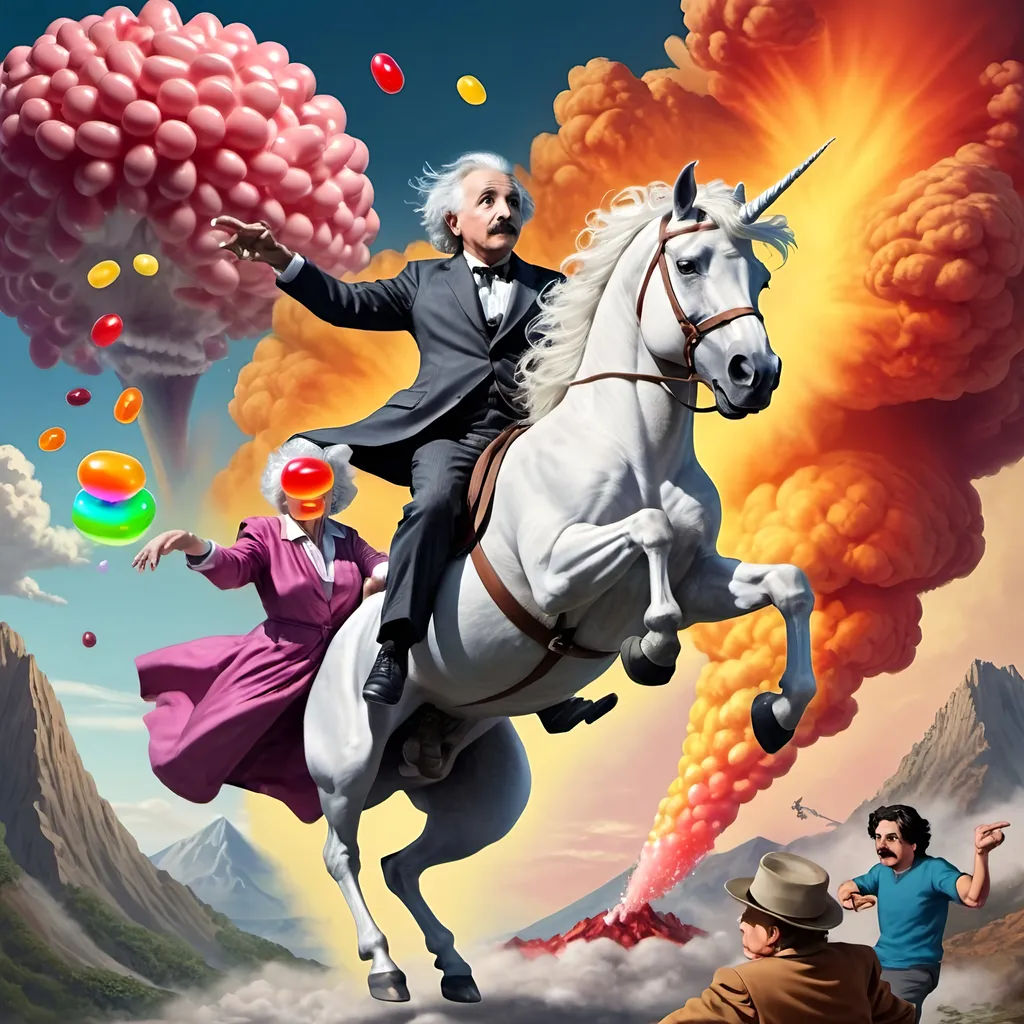Prompt: A unicorn jumping over albert einstein inventing time travel while a vulcano erupts with jelly beans. Two thugs trying to rob an old lady but she's a ninja and sends them to jail.