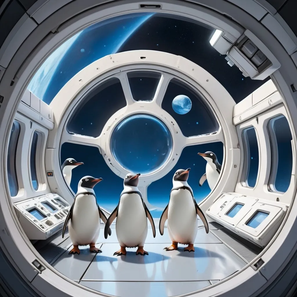 Prompt: A futuristic space station with a large window showing the vastness of space. Inside, three penguins are gathered, looking at another penguin outside the station. The outside penguin is floating in zero gravity, wearing a white and blue space suit with a reflective helmet. The window clearly shows the penguin outside, who is waving at the others. The inside penguins have curious and amused expressions. The scene is well-lit, with soft blue and white lighting reflecting off the metallic interior of the station. The background shows stars and a distant planet.