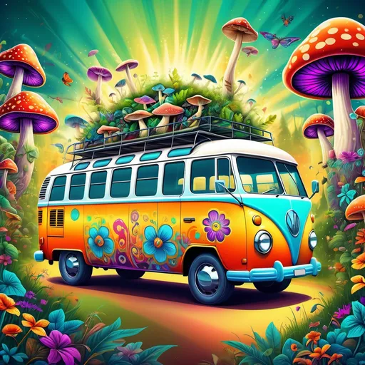 Prompt: (magic mushroom hippie bus), vibrant colors, intricate psychedelic patterns, lush greenery surrounding the bus, playful ambiance, warm sunny atmosphere, whimsical details such as smoke swirling in the air, retro style, colorful graffiti art, ultra-detailed, high-resolution, representing freedom and creativity, perfect for a relaxed, joyful mood.