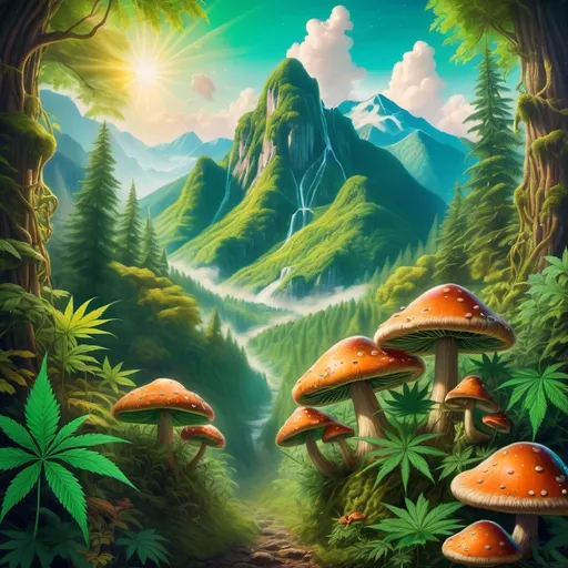 Prompt: (Marijuana plants and magic mushrooms), (lush vibrant green forest), towering mountains in the background, (sunlight filtering through leaves), rich detailed textures, (whimsical atmosphere), bright colorful foliage, (high depth cinematic scene), serene and mystical vibe, (ultra-detailed), enchanting colors, tranquil ambiance, full of life and magic.