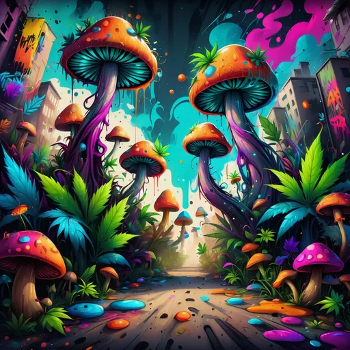 Prompt: (vibrant graffiti illustration) of marijuana plants, (colorful) magic mushrooms, hippie stoner vibes, (bold colors) splattered paint, dynamic lines, urban background, (playful) ambiance, fun texture, (highly detailed) elements blending into graffiti art style, (expressive shapes) adding a whimsical touch, bright contrast, (4K) resolution.