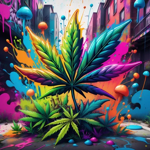 Prompt: (vibrant graffiti illustration) of marijuana plants, (colorful) magic mushrooms, hippie stoner vibes, (bold colors) splattered paint, dynamic lines, urban background, (playful) ambiance, fun texture, (highly detailed) elements blending into graffiti art style, (expressive shapes) adding a whimsical touch, bright contrast, (4K) resolution.