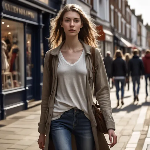 Prompt: Tall young woman walking down the high street, detailed clothing, realistic, natural lighting