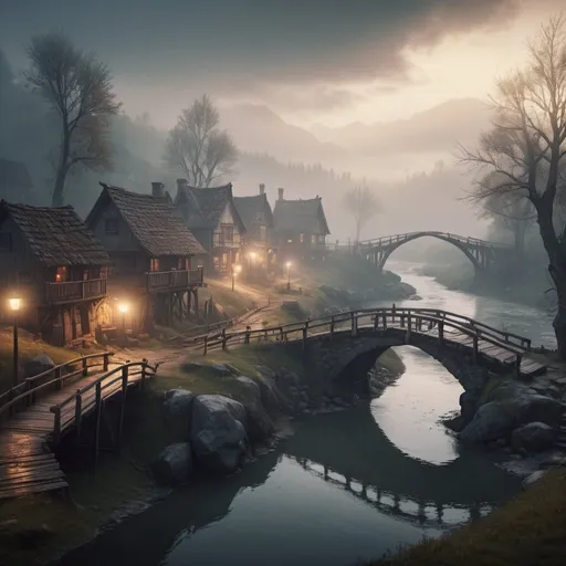 Prompt: small settlement, foggy, bridge and river, dramatic fantasy settlement scene, cinematic lighting
