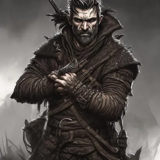 Prompt: Fantasy illustration of a rugged rogue with a hood, black leather outfit, holding a menacing knife, short beard, high-quality, detailed fantasy, dark tones, dramatic lighting, rugged appearance, fantasy style, detailed clothing, intense gaze, professional artwork