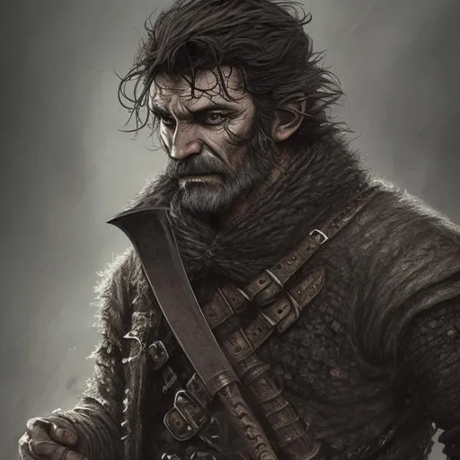 Prompt: Fantasy illustration of a rugged rogue, black leather outfit, holding a menacing knife, short beard, high-quality, detailed fantasy, dark tones, dramatic lighting, rugged appearance, fantasy style, detailed clothing, intense gaze, professional artwork