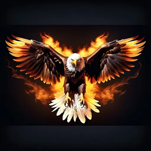 Prompt: Photorealistic illustration of a majestic bald eagle with two spreaded wings and hyper-realistic burning feather tips and hyper-realistic flames behind wings and body, fantasy character art, DND, warm tone, front view, black background, high quality, detailed feathers, intense gaze, realistic lighting, professional, warm lighting, intense colors, fantasy art, detailed illustration, atmospheric lighting