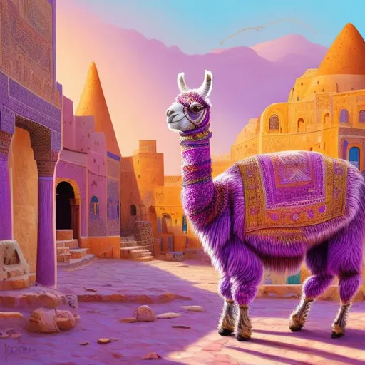 Prompt: Purple llama in Tunisian landscape, vibrant and colorful, digital painting, detailed fur with unique patterns, warm and sunny lighting, desert oasis setting, traditional Tunisian architecture, high quality, digital painting, vibrant colors, detailed fur, warm lighting, Tunisian landscape, desert oasis, traditional architecture, purple llama