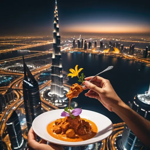 Prompt: a person eating butter chicken on the top of burj khalifa at night with a flying flower