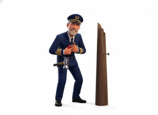 Prompt: @IhDLDstyvf9rEW6OAM4p in pain after hitting his thumb with a hammer as he tries to put a nail into the mast of a sailboat on a blank white backdrop.
