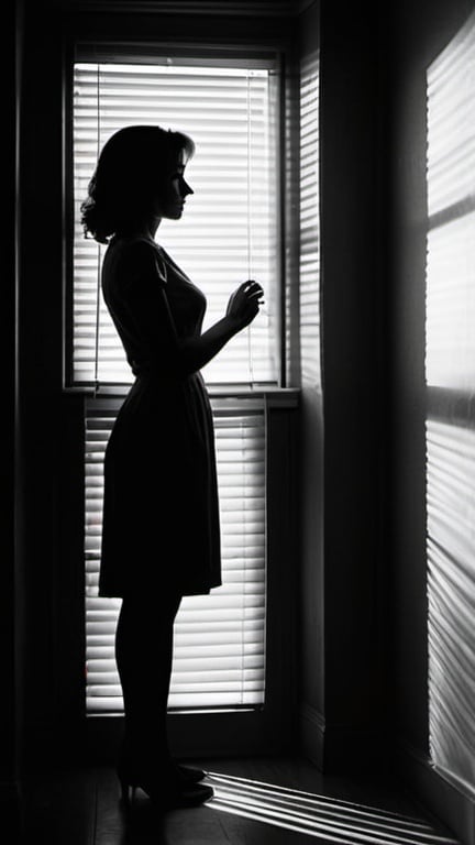 Prompt: Give me a room with a window on it. Theres light coming in through the blinds. The light is creating a sillhoute of a woman. The room is from a woman in the nineties. Make it like a poster from a Hitchcock movie. The image is dark.