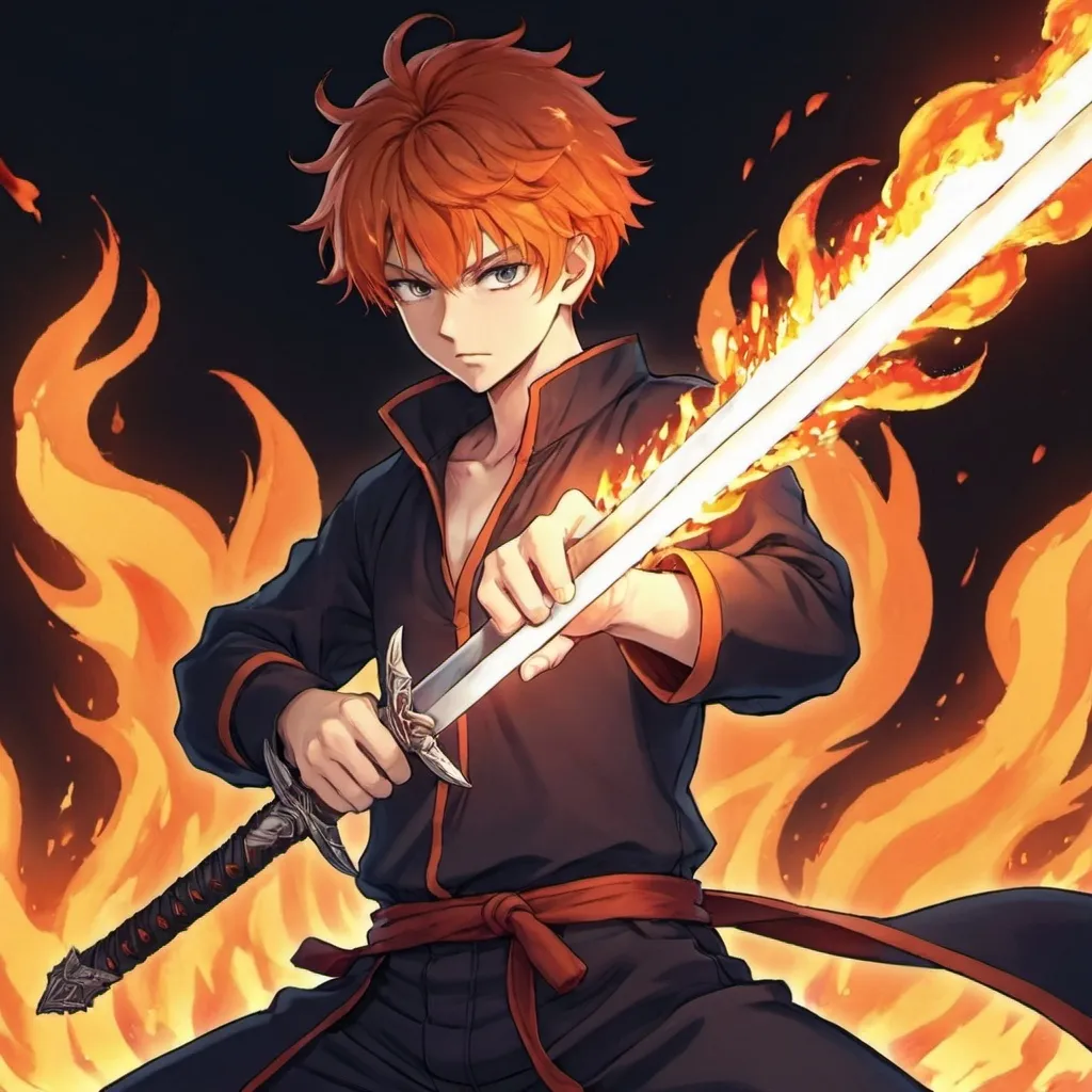 Prompt: An anime guy wielding  a flaming sword 