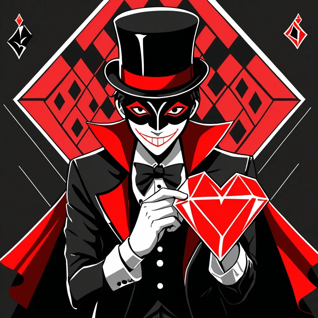 Prompt: A man with a mask half White half black with a mischievous grin on both sides the black side has a diamond shape for an eye and the white side has a spade shape for an eye he also has a magician's cape that has the shape of the heart printed on it red and black he has  a black top hat with the club shape On Four sides Black pants you would see on a magician and also Spikey shoes like a magician