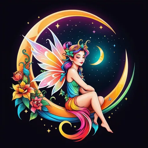 Prompt: colorful tattoo logo design of a fairy sitting on the crescent moon, ((drawing lines)), drawing in vivid bright colors, thick lines, logo design, realistic, white backgroung, monster, Leonardo Style, Fashion Illustration, Flat vector art, 3d rendering, 16k, high reesolution