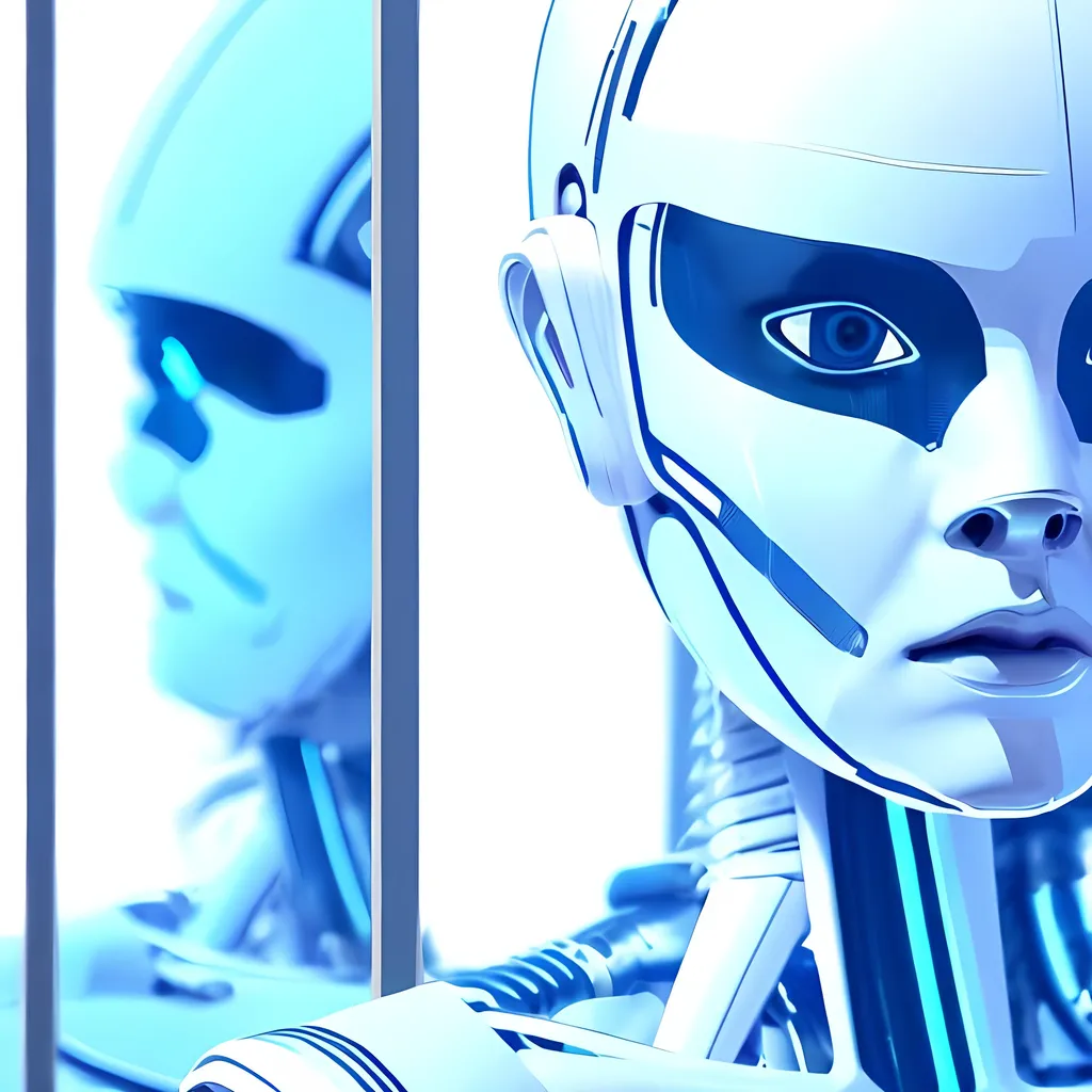 Prompt: single androgenous android or robot humanoid, white shiny plastic panels separated by blue lines for skin, wearing a surgeon's mask, shoulders and head only, close up, add lines separating panels on the android face


