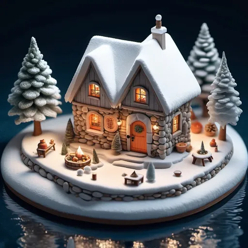 Prompt: miniature isometric world render, a hut surrounded by clear water, bahamas, on a table, A detailed, ultra-high-resolution illustration of a snow-covered old village on a serene winter night, old chapel standing in the background. Stone-houses with porch and lights out of the windows, festive winter decorations, and a snowman standing in the village square, its carrot nose and coal eyes gleaming in the soft, frozen river, its icy surface glinting like polished silver, with snow-laden evergreen trees lining its banks, night, some people walking on the street, light snowfall