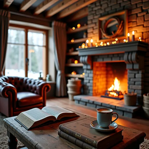 Prompt: (Masterpiece) large living room, cozy old cottage, (fireplace), snow gently falling outside, warm ambient lighting, ultra-detailed 4K, a plush chesterfield armchair positioned facing the fire, a charming wooden table adorned with a steaming cup of hot chocolate and an open book, created for a tranquil and inviting atmosphere, rustic decor throughout, emphasizing warmth and comfort.