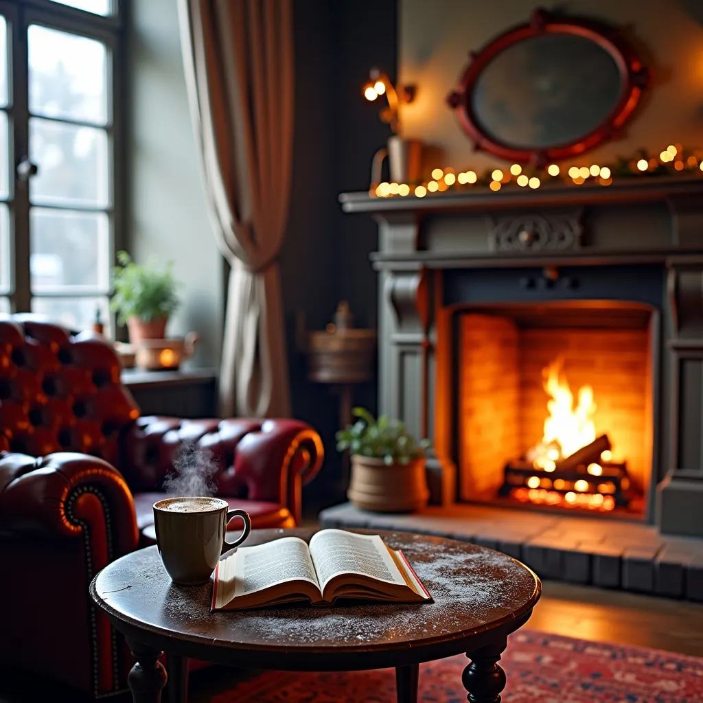 Prompt: Masterpiece, 4K, fireplace in a old cottage, snow falls outside the window, a chesterfield armchair stood near the fireplace in the room, nice table with a cup of hot chocolate with steam and a book